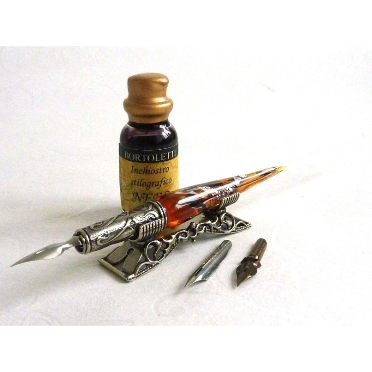 Feuille d'argent stylo de calligraphie en verre avec porte-stylo