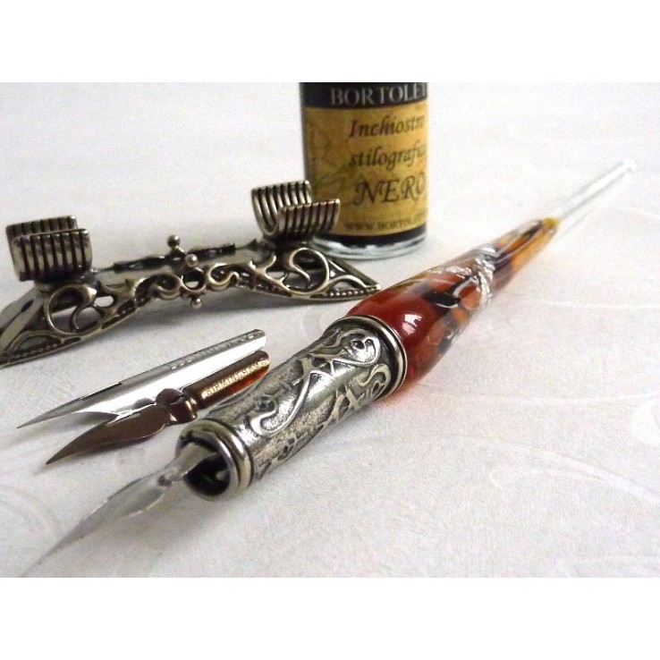 Penna per calligrafia in vetro foglia argento con portapenne