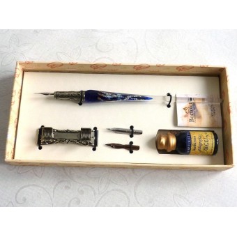 Penna per calligrafia in vetro foglia argento con portapenne 2