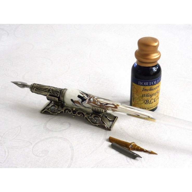 Penna per calligrafia in vetro foglia argento con portapenne
