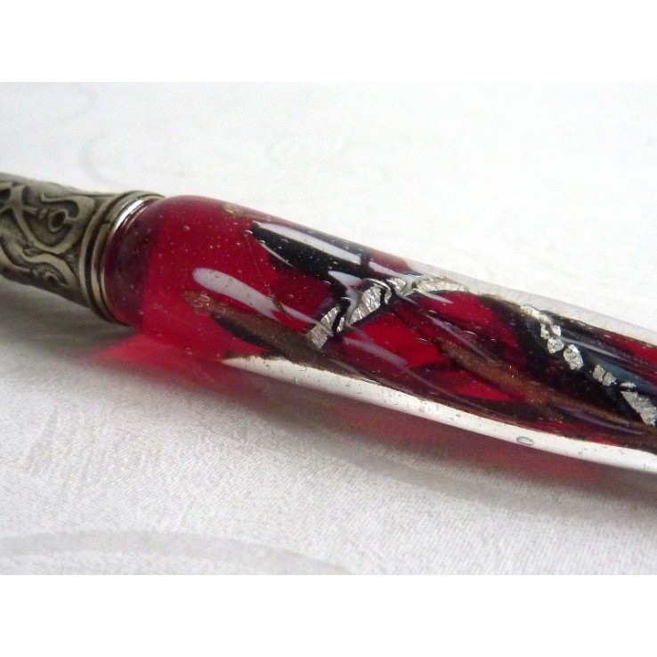 Penna per calligrafia in vetro foglia argento con portapenne