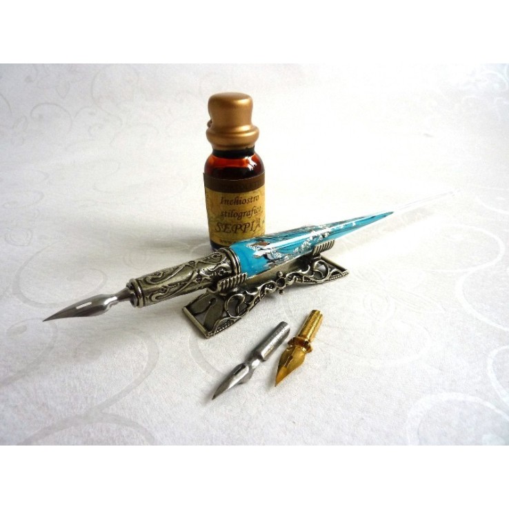 Silver Leaf Glass Calligraphy Pen Set With Pen Rest