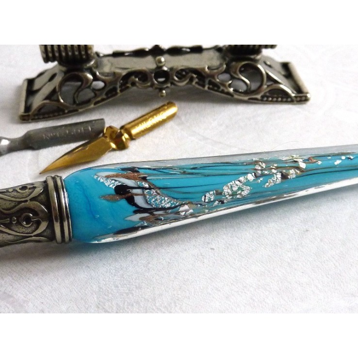 Feuille d'argent stylo de calligraphie en verre avec porte-stylo