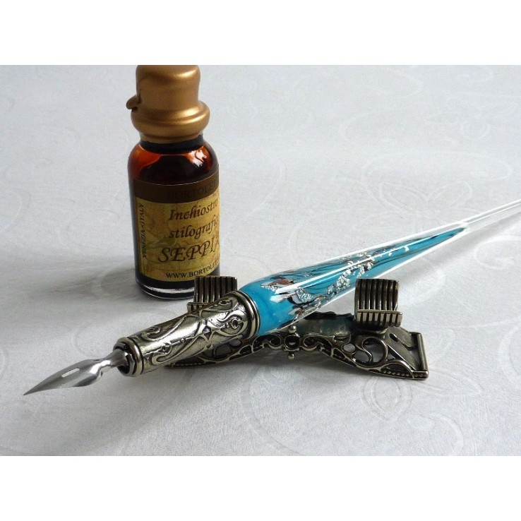 Penna per calligrafia in vetro foglia argento con portapenne