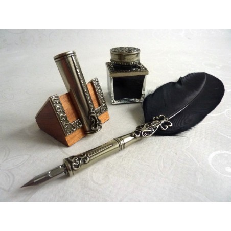 Feather Quill Dip Pen Inkwell & Pen Holder