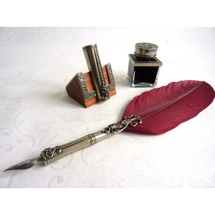 Feather Quill Dip Pen Inkwell & Pen Holder