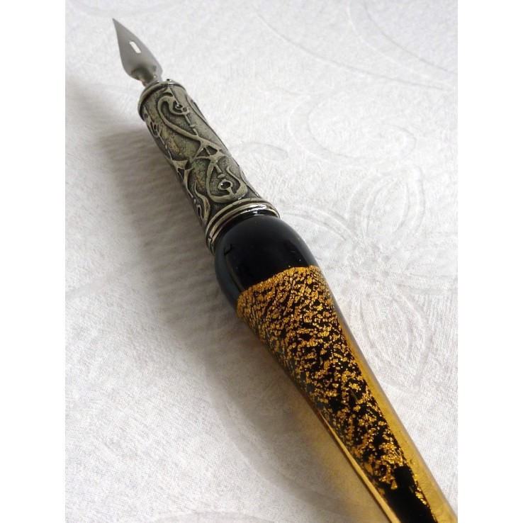 Stylo de calligraphie en verre feuille d'or, plumes et encre