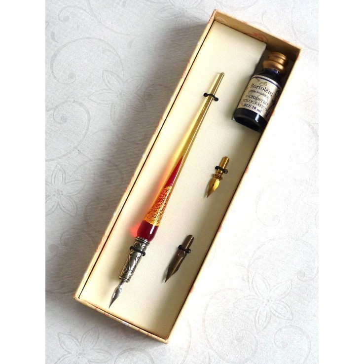 Stylo de calligraphie en verre feuille d'or, plumes et encre