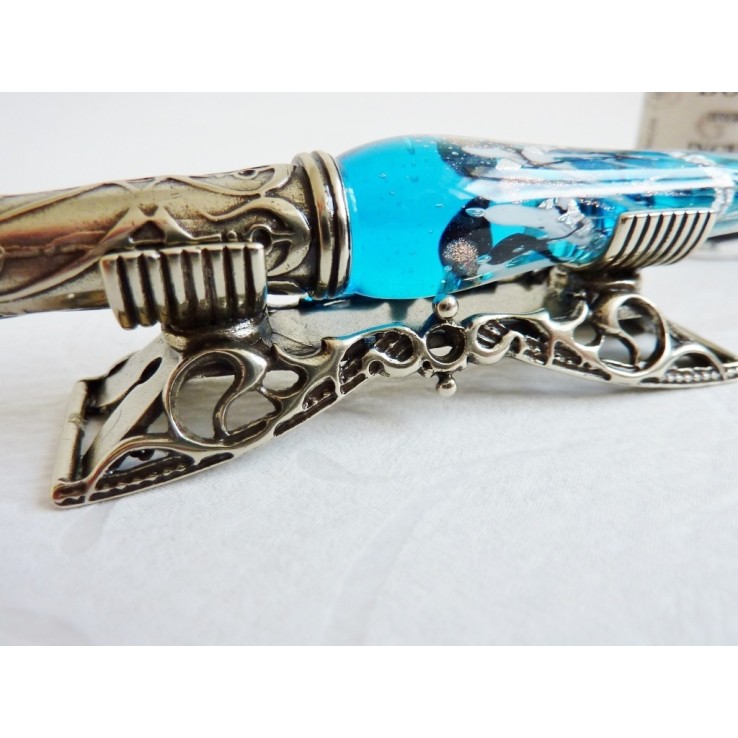 Penna per calligrafia in vetro foglia argento con portapenne