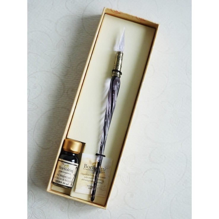 Penna calligrafica in vetro ritorto e pennino in vetro