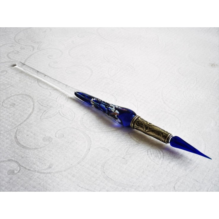 Zilveren blad glas pen met glas penpunt