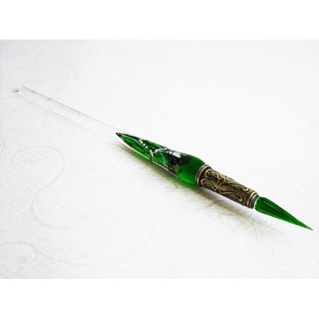 Zilveren blad glas pen met glas penpunt