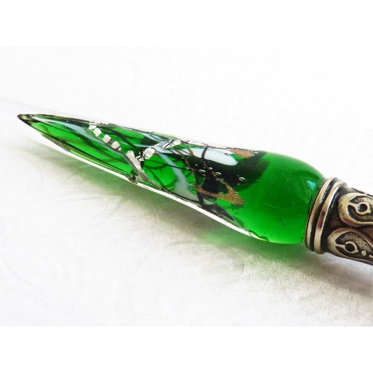 Zilveren blad glas pen met glas penpunt