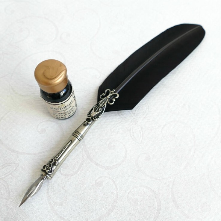 Gansfederstift, zwei Spitzen und Tinte