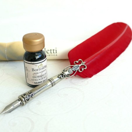 Pluma de pluma de ganso, dos puntas y tinta