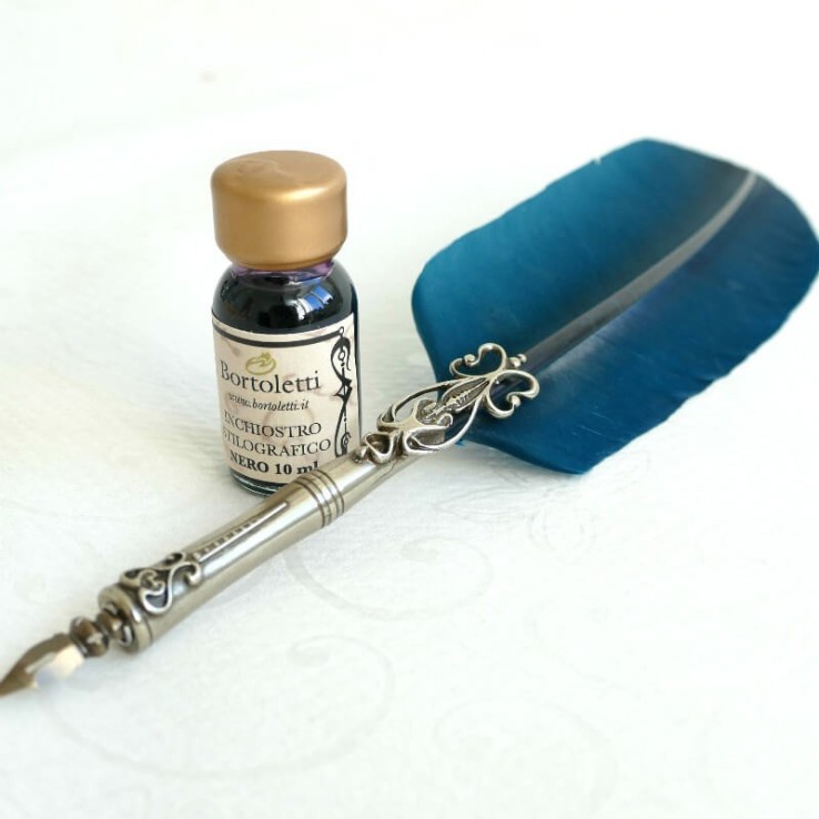 Pluma de pluma de ganso, dos puntas y tinta