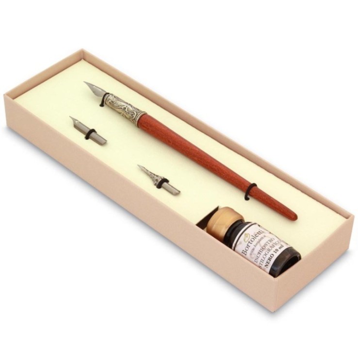 Wood and Bronze Calligraphy Pen with Ink