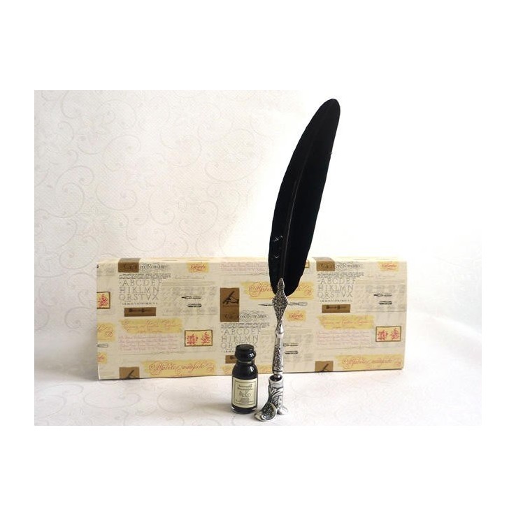 Pluma negra, soporte para botas y tinta